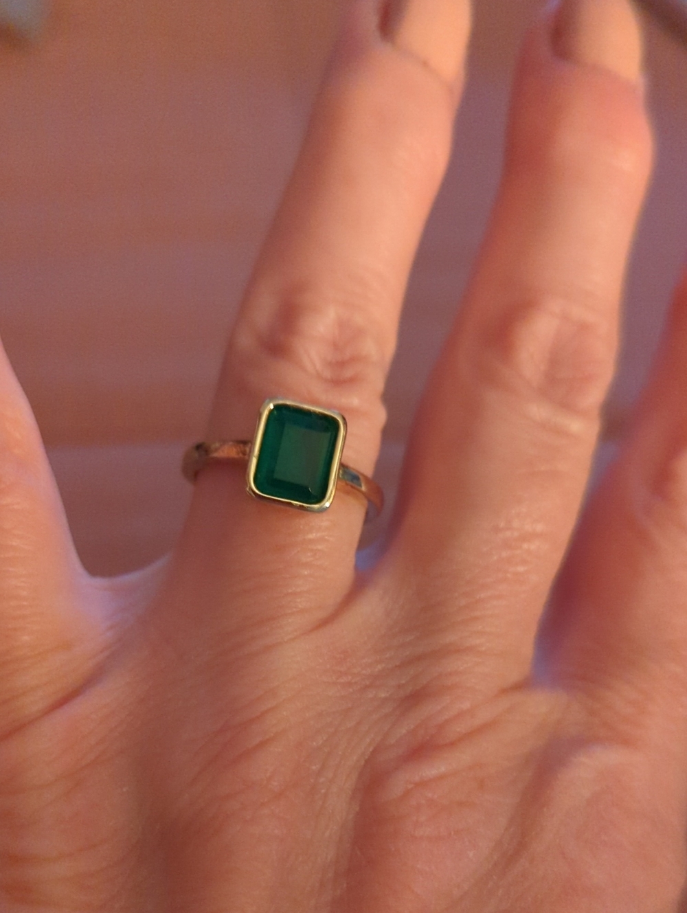 Gold-Plated Ring with Emerald Green Rectangular Stone